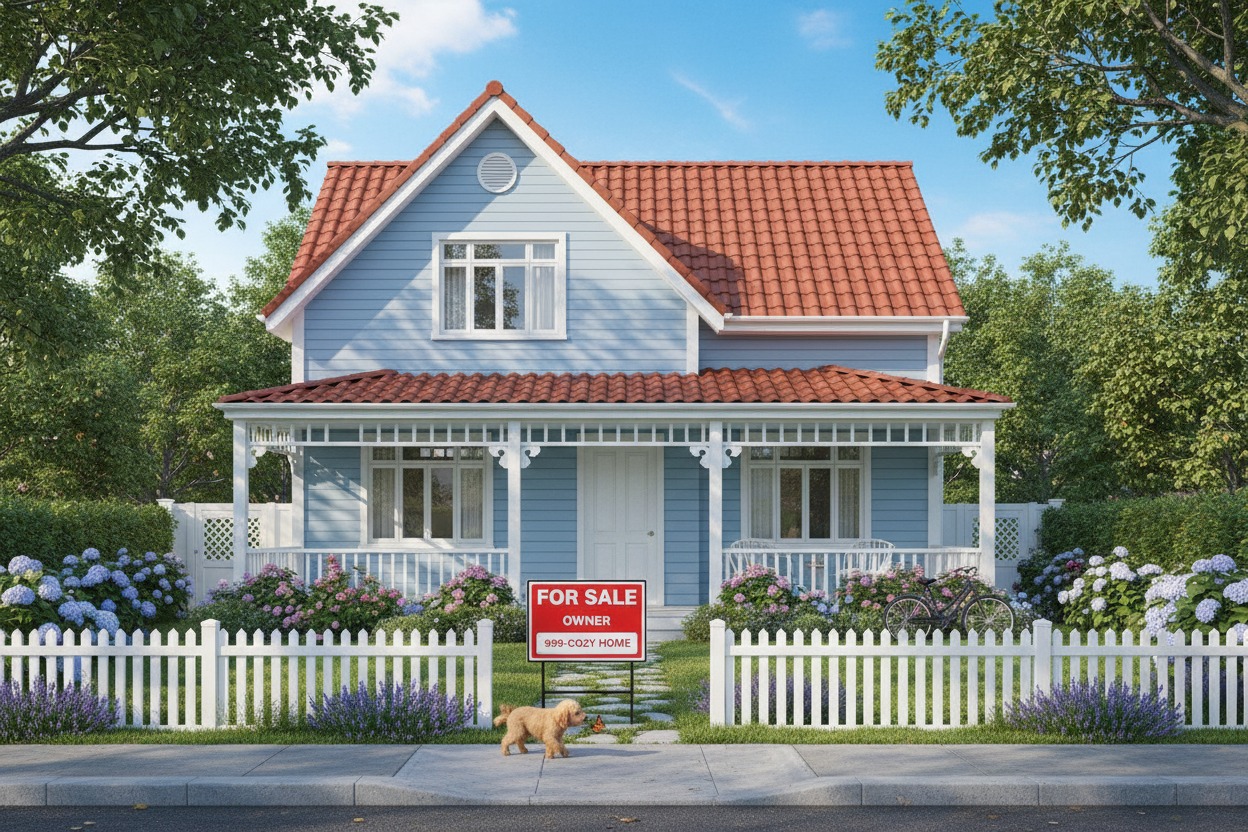 A light blue house with a red roof and a white picket fence features a for sale sign in the front yard with a small dog walking nearby.